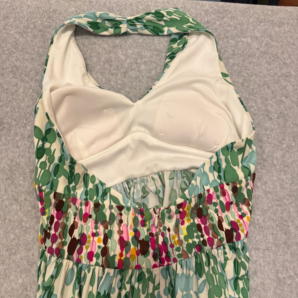 Suzi Chin Maggy Boutique Green Abstract Leaf Halter Maxi Dress Size 8 Y2K - Picture 10 of 12
